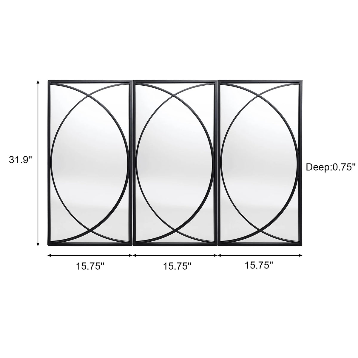 3-Piece Black Metal Rectangular Wall Mirror Set, 31.9" H x 15.75" W x 0.75" D