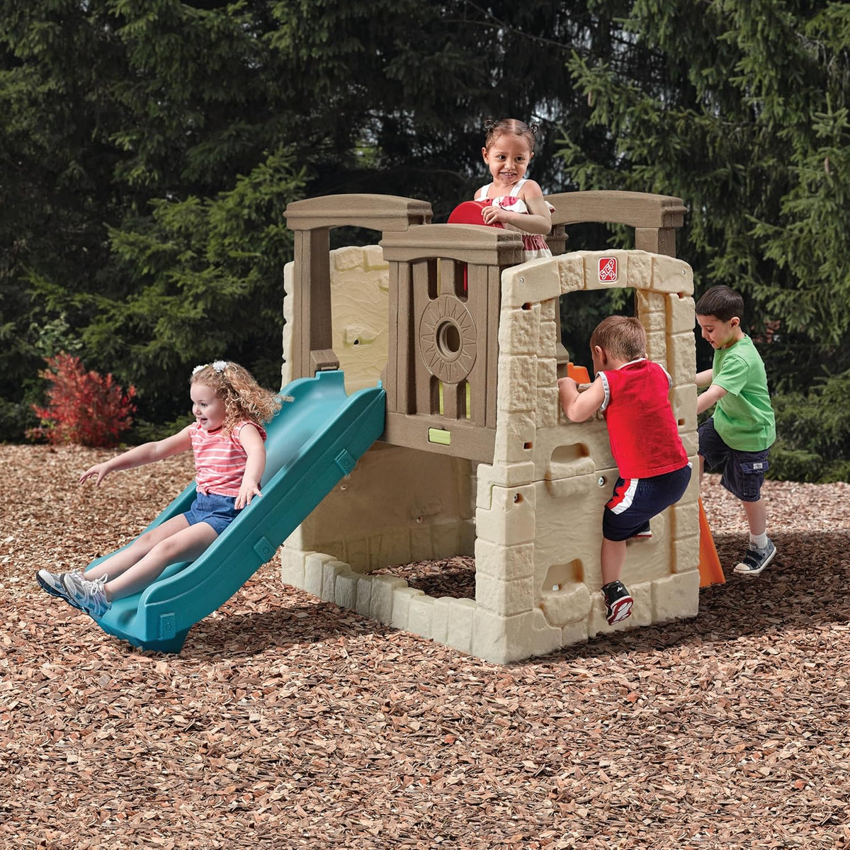 Kids Outdoor Playset with Slide & Climbing Wall, Backyard Playground Equipment for Children