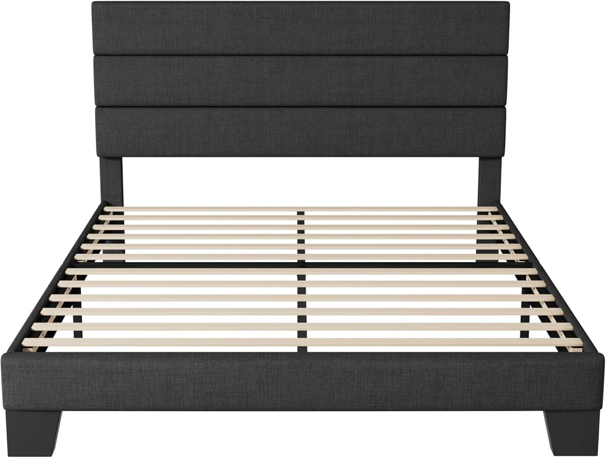 Queen Size Upholstered Platform Bed Frame, Dark Gray Fabric Bed with Headboard for Bedroom