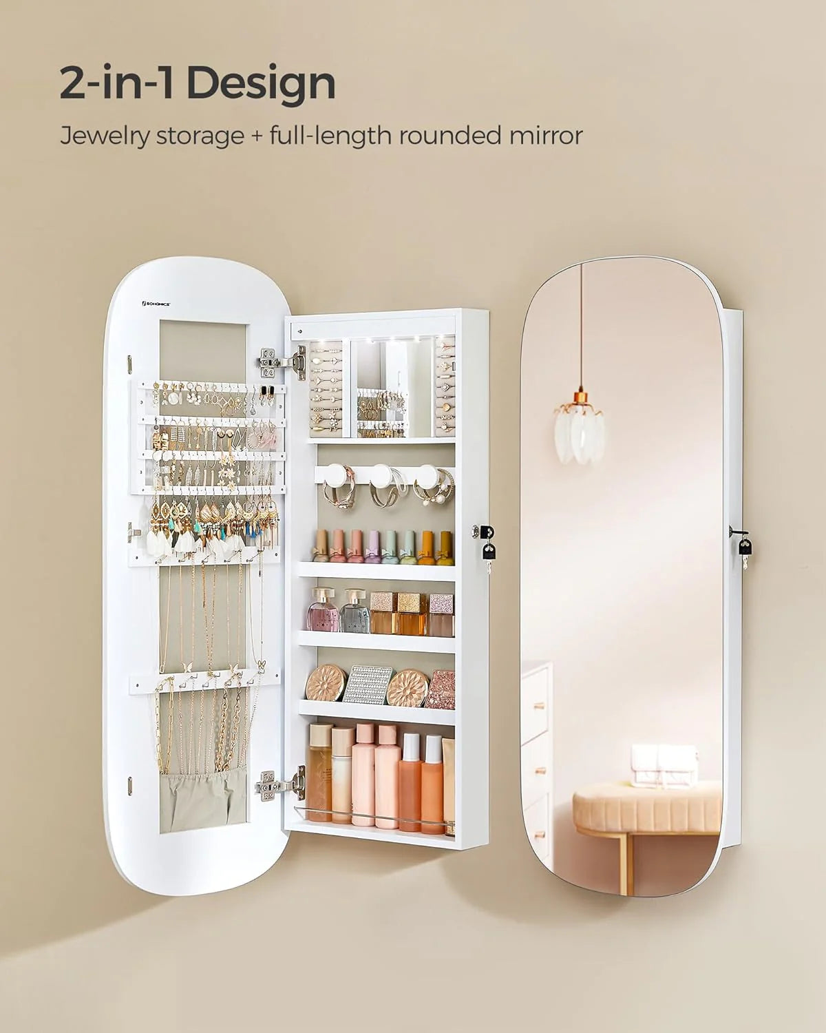 LED Jewelry Organizer Cabinet, Wall or Door Mounted Jewelry Storage Mirror with LED Lights