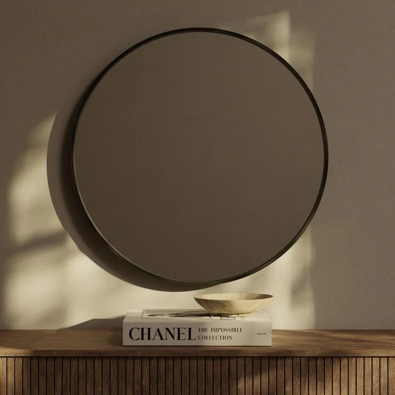 Classic Farmhouse Round Wall Mirror, Wooden Frame Decorative Accent Mirror for Living Room, Bedroom and Entryway