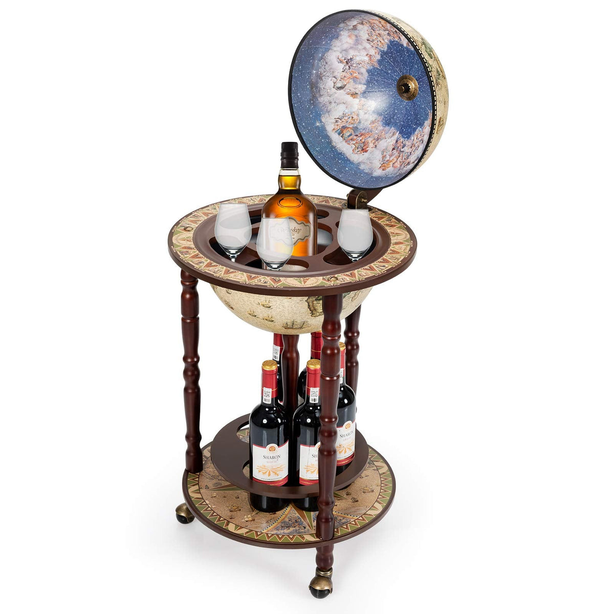 17" Wooden Globe Liquor Stand �� Italian 16th Century Style Wine Bar Rack