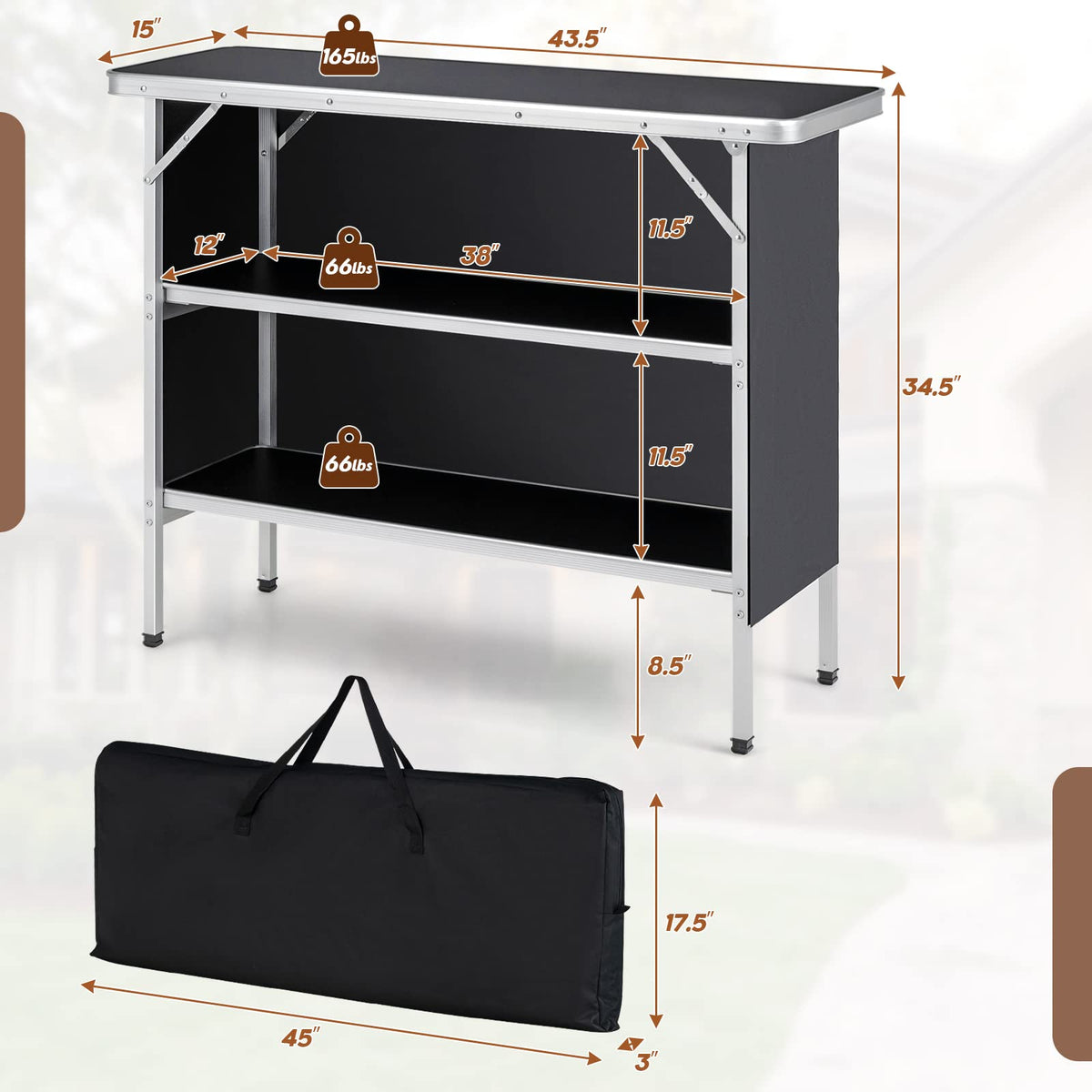 Folding Camping Table, Aluminum Portable Pop-Up Bar Table with 2-Tier Storage Shelves