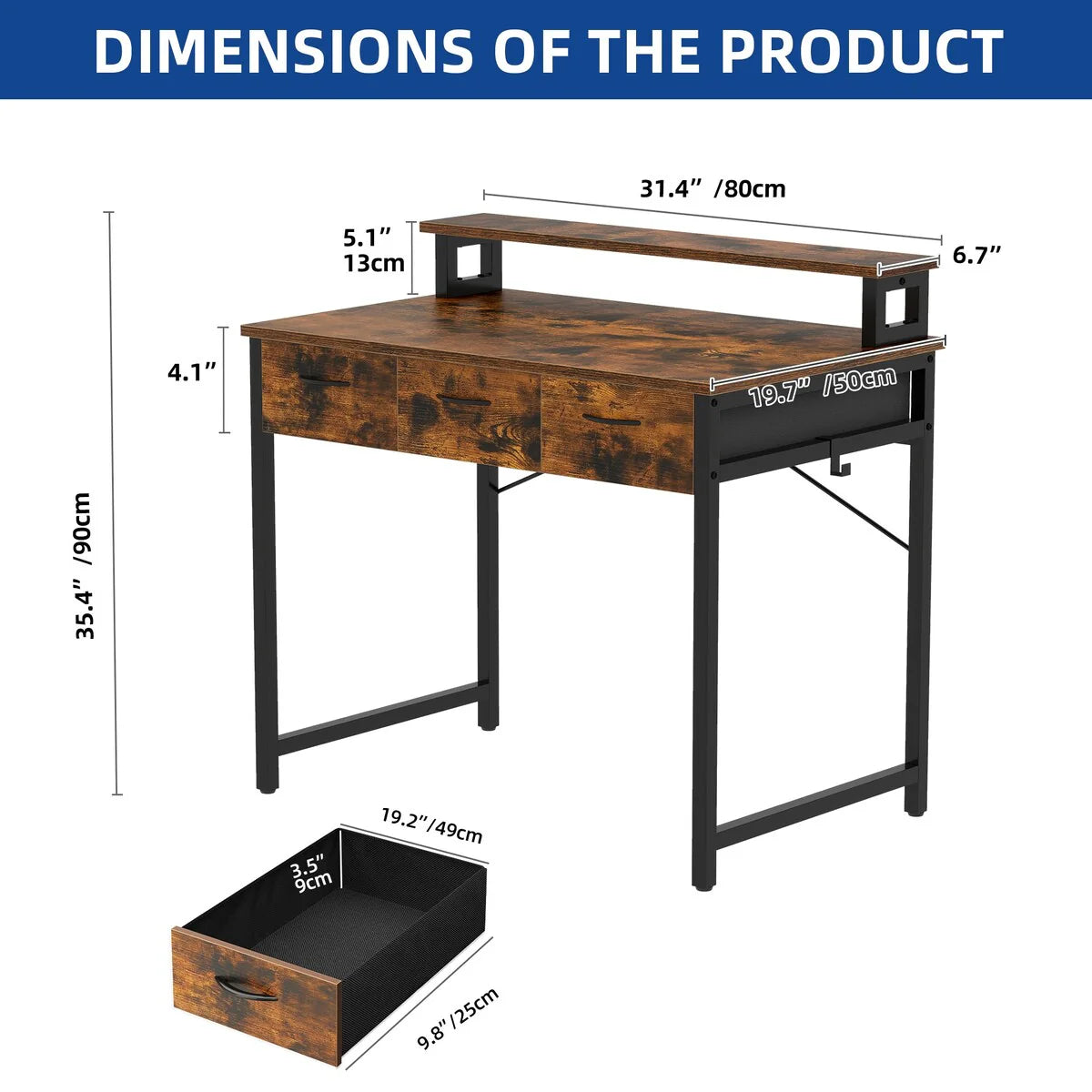 Small Computer Desk with Fabric Drawers and Monitor Stand, Compact Home Office Workstation for Small Spaces