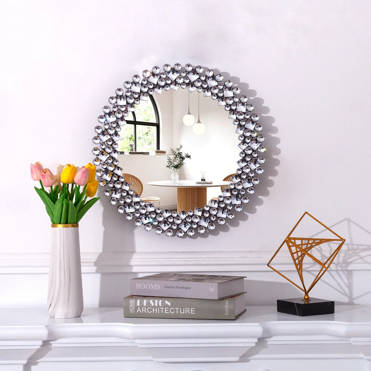 Modern Round Wall Mirror, Crystal Accent Decorative Mirror for Living Room, Bedroom and Entryway