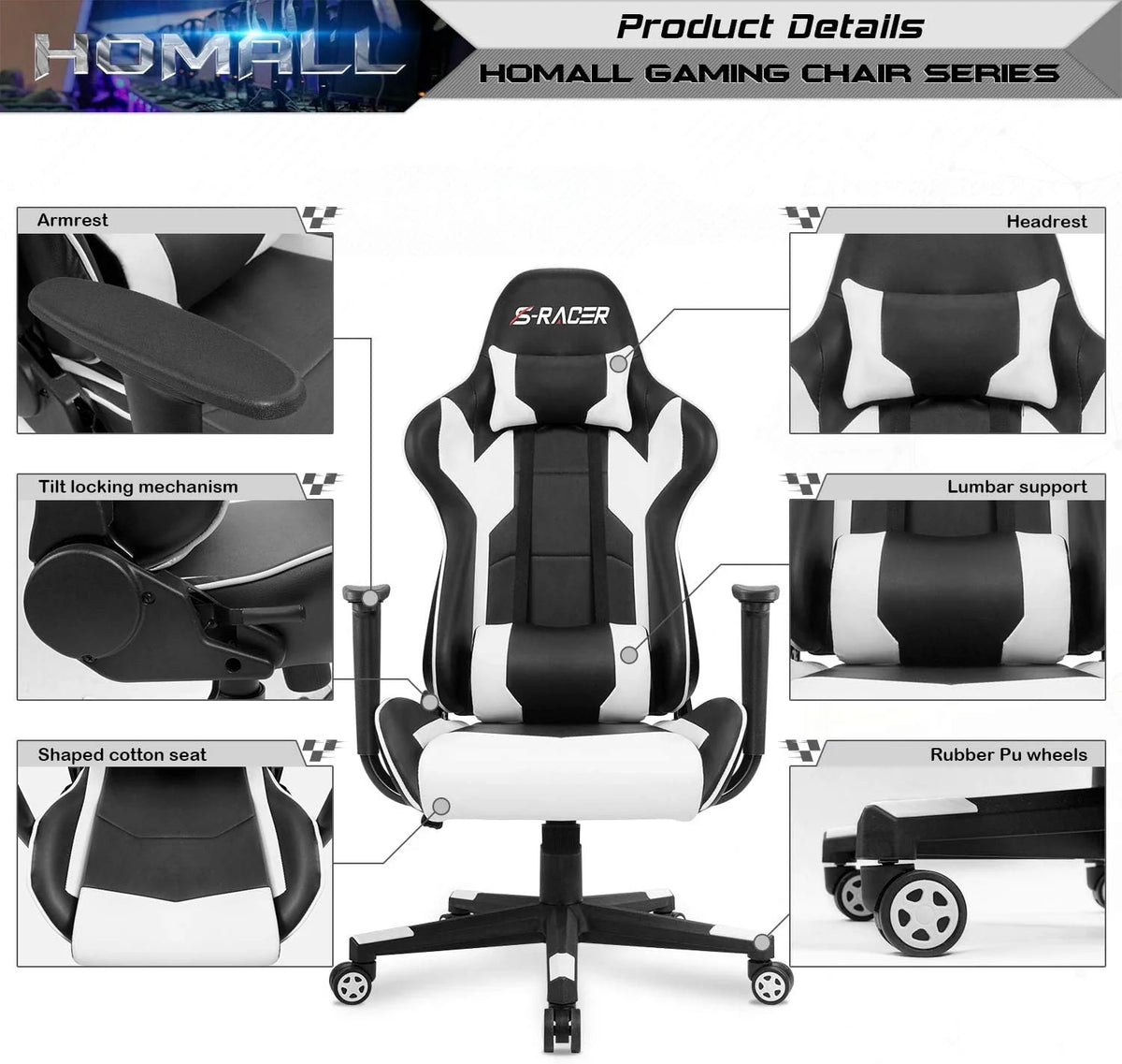 Ergonomic Leather Gaming Chair, High Back Computer Desk and Office Chair for Gaming, Home Office and Work