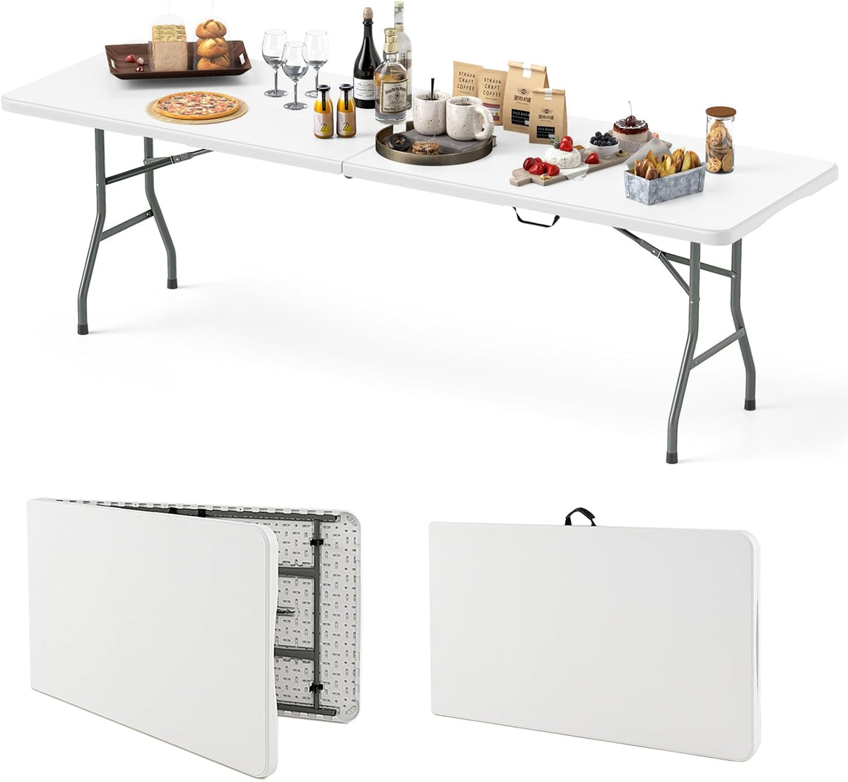 8FT Folding Table 350LBS �� Heavy Duty Plastic Table with HDPE Top & Handle