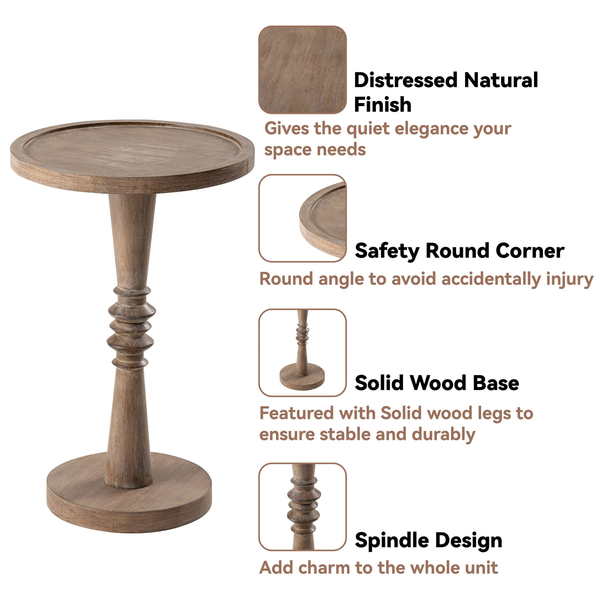 Small Pedestal End Table with Tray Top, Farmhouse Distressed Finish Accent Table