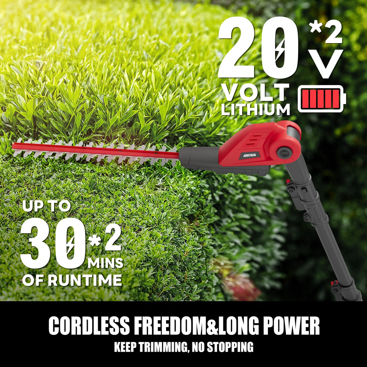 20V MAX Cordless Pole Hedge Trimmer, 2 x 2.0Ah Batteries and Charger Included