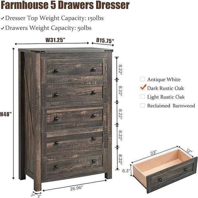 48 Inch Tall Farmhouse Wood Dresser, 5 Drawer Chest of Drawers for Bedroom