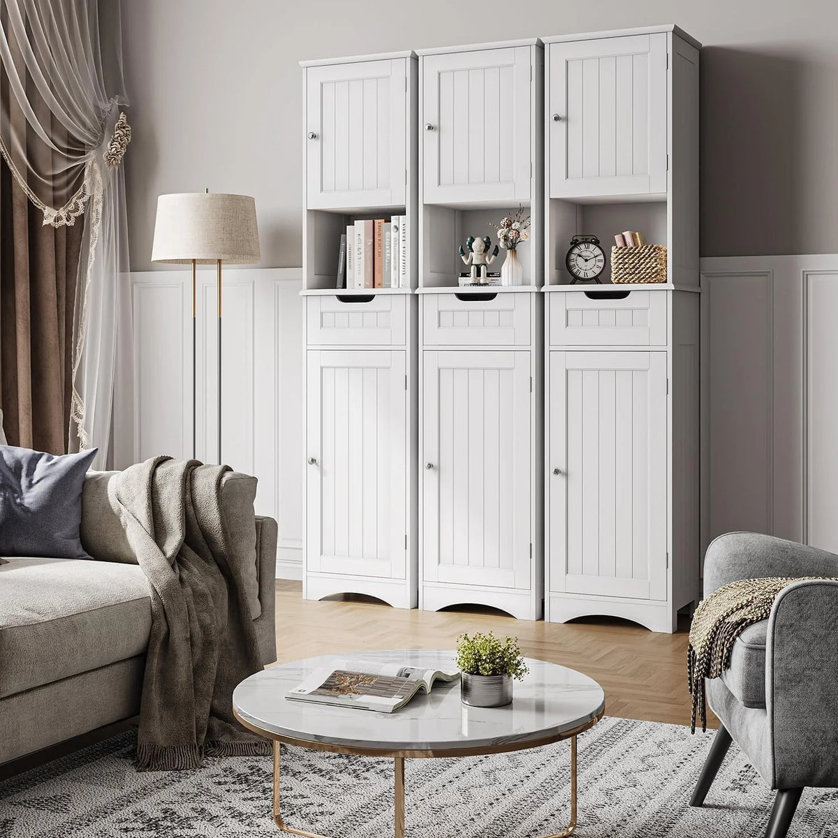 67 Inch Tall Narrow Bathroom Linen Cabinet, 5-Tier Solid Wood Freestanding Storage Cabinet