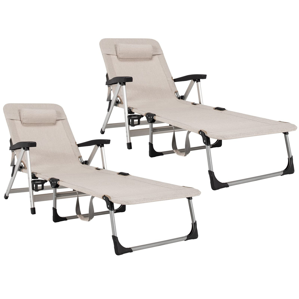Folding Outdoor Chaise Lounge Chair with Cup Holder and Detachable Headrest