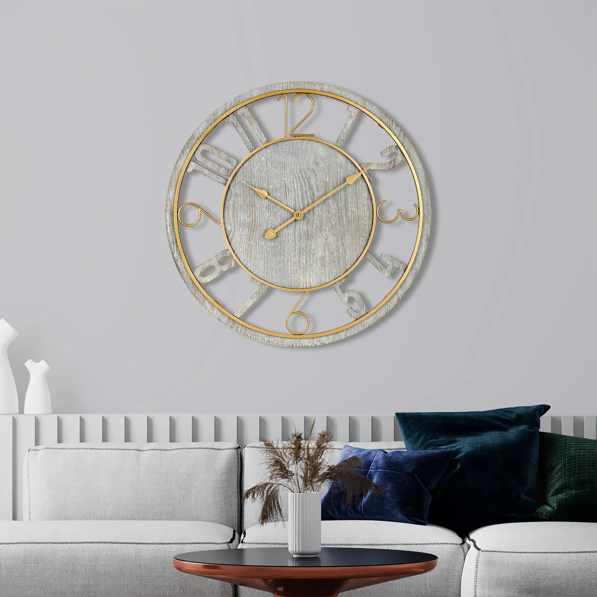 24 Inch Round Wooden Wall Clock, Modern Analog Clock with Numeral Design, Battery Operated