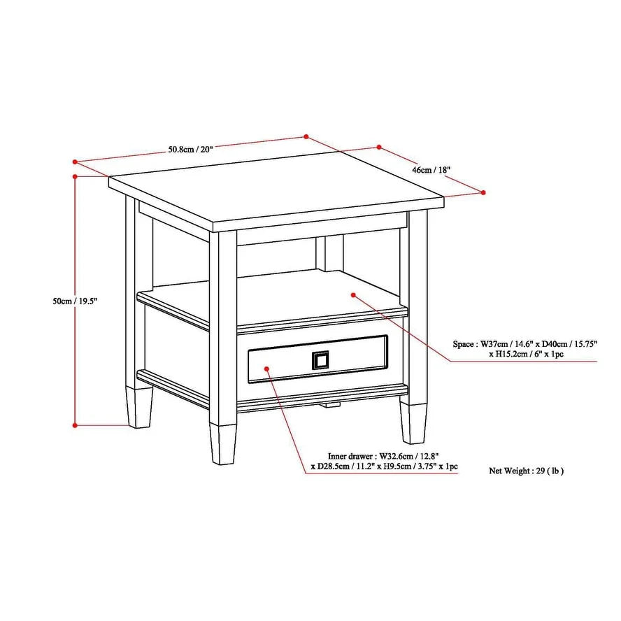 20 Inch Wide Solid Wood Rectangle End Table, Transitional Side Table