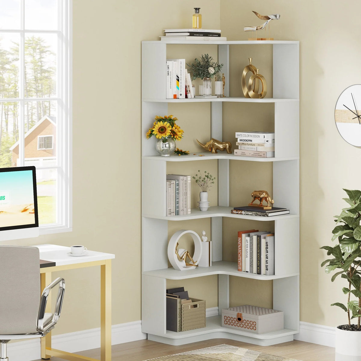 64.9 Inch Tall 6-Tier Corner Bookshelf, Freestanding Wood Industrial Bookcase