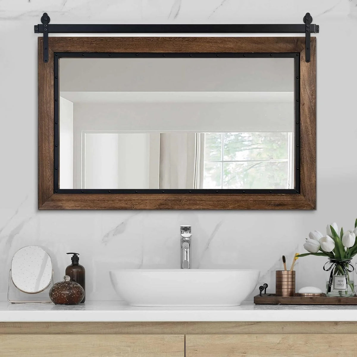 Farmhouse Barn Door Style Bathroom Vanity Mirror, Natural Wood Wall Mirror for Bathroom, Bedroom and Entryway