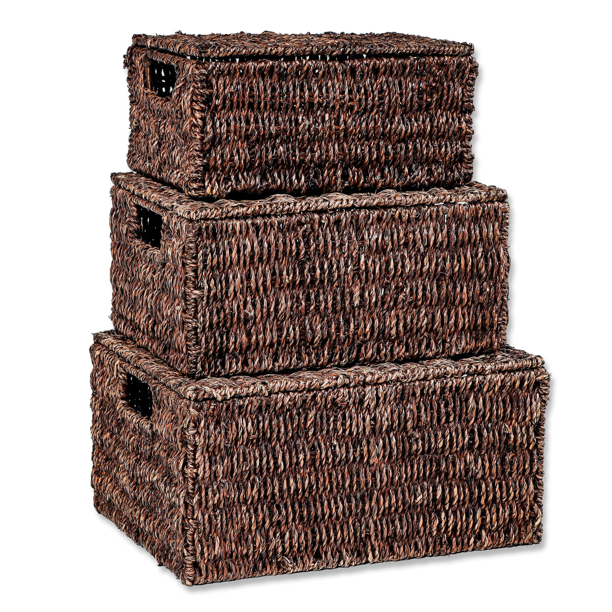Set of 3 Small Rectangular Seagrass Baskets with Lids, Woven Storage Baskets