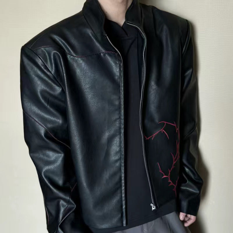 Men's Embroidered Faux Leather Shoulder Pad Jacket