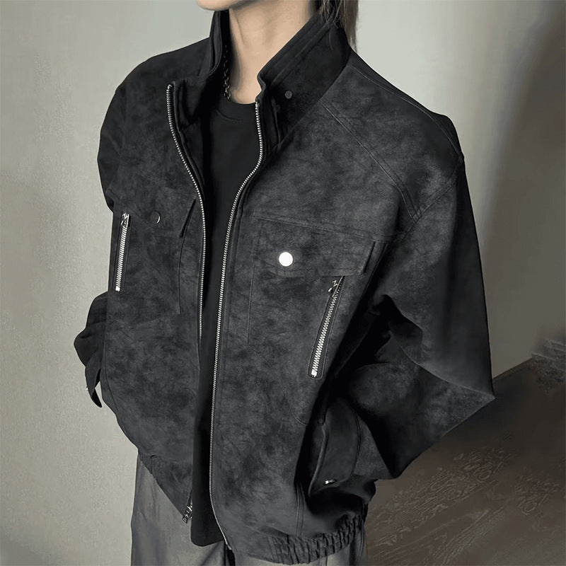 Men's Stand Collar Faux Leather Flight Jacket