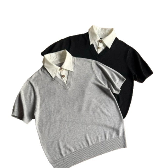 Men's Faux Two-Piece Knit Short Sleeve Polo Shirt
