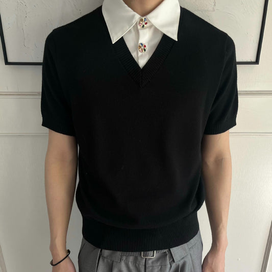 Men's Faux Two-Piece Knit Short Sleeve Polo Shirt