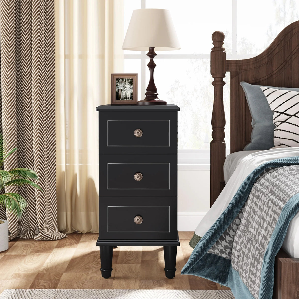 Fully Assembled Narrow End Table, Solid Wood Side Table with 3 Drawers, Vintage Nightstand for Small Spaces