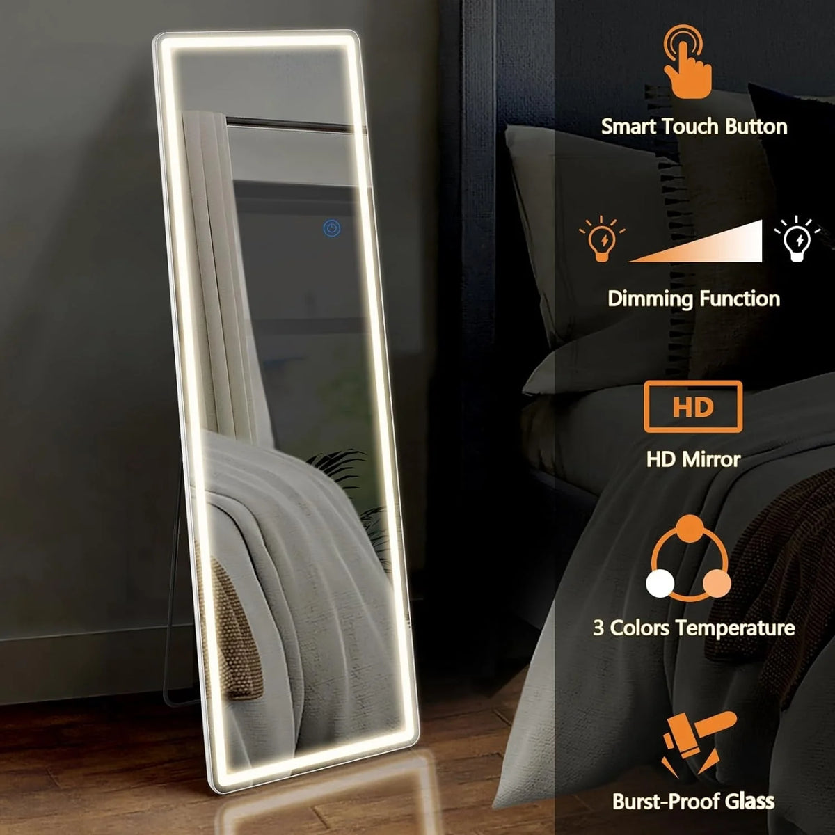 64 x 21 Inch Full Length LED Floor Mirror with Stand, Full Body Wall Mounted Mirror