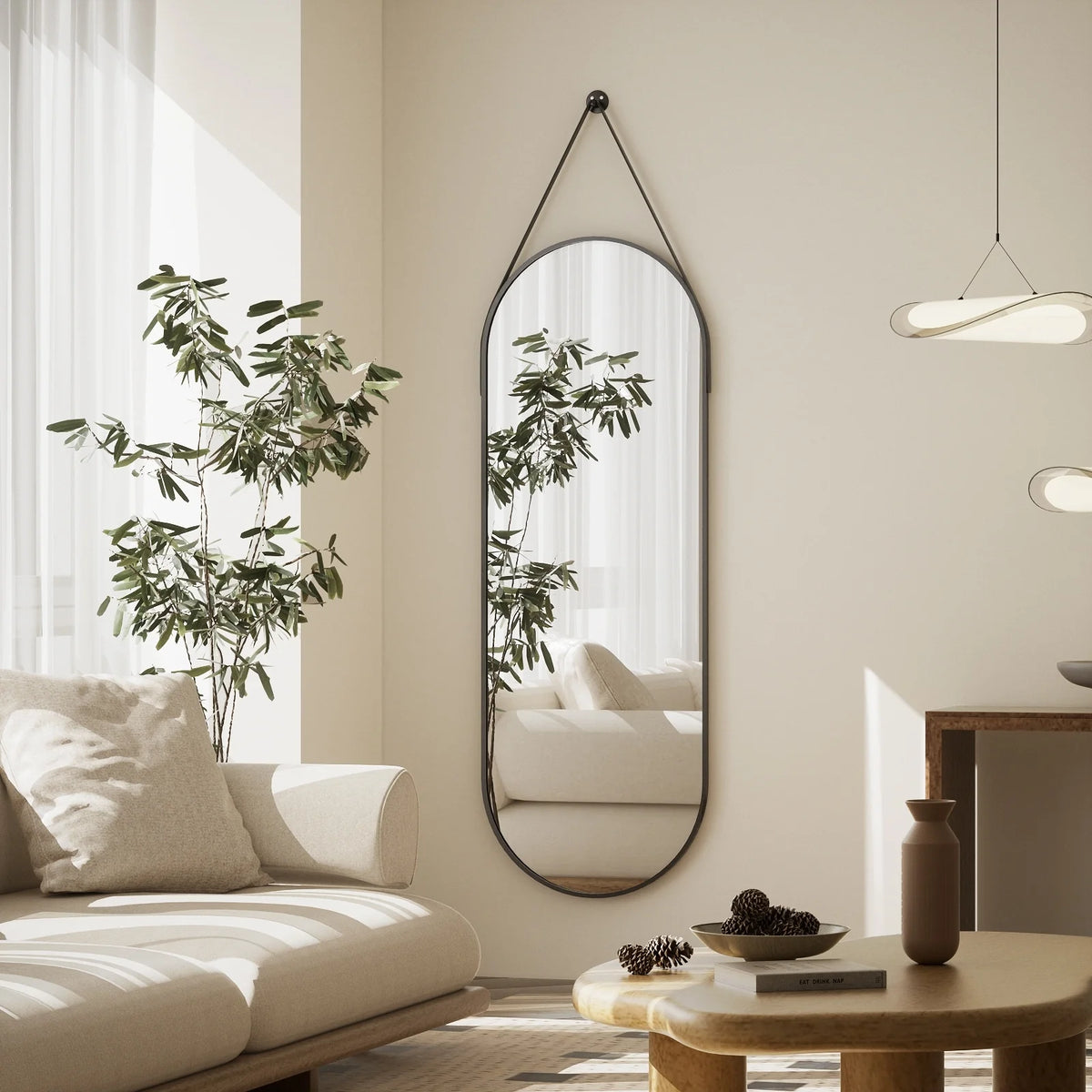 48 x 16 Inch Full Length Wall Mirror with Leather Strap, Hanging Full Body Mirror for Bedroom, Entryway and Home Decor