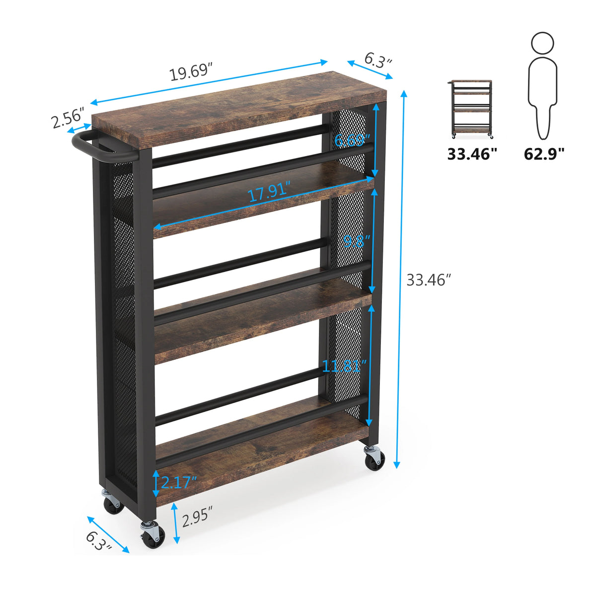 Brown 4-Tier Rolling Kitchen Storage Cart, Narrow Slim Utility Trolley with Wheels and Handle