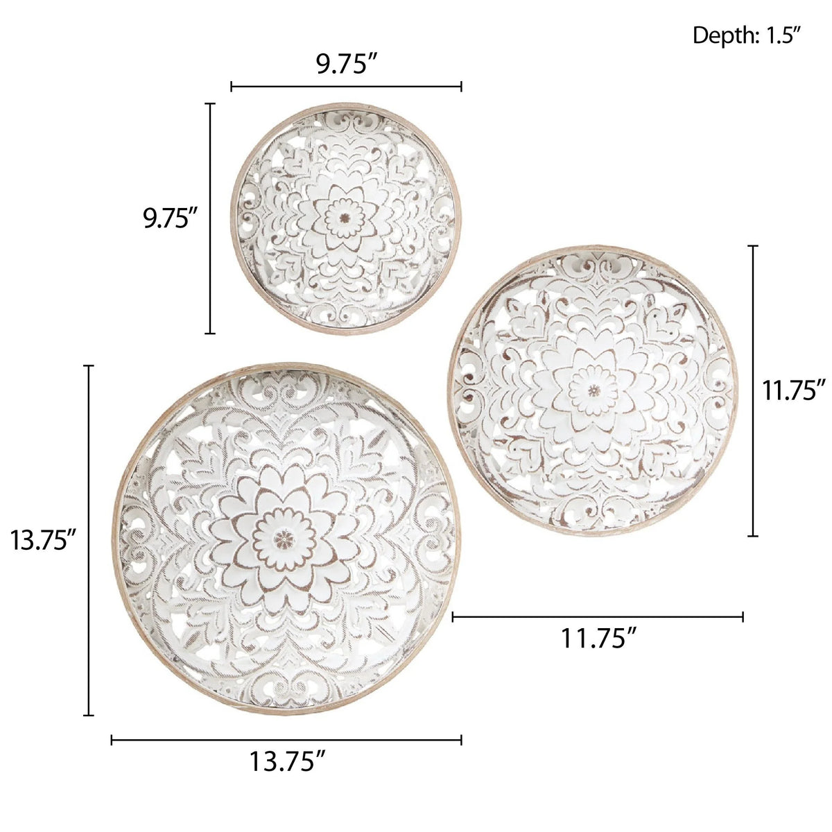 3-Piece Distressed White Floral Carved Wood Wall Decor Set, Vintage Medallion Hanging Art for Home Decoration