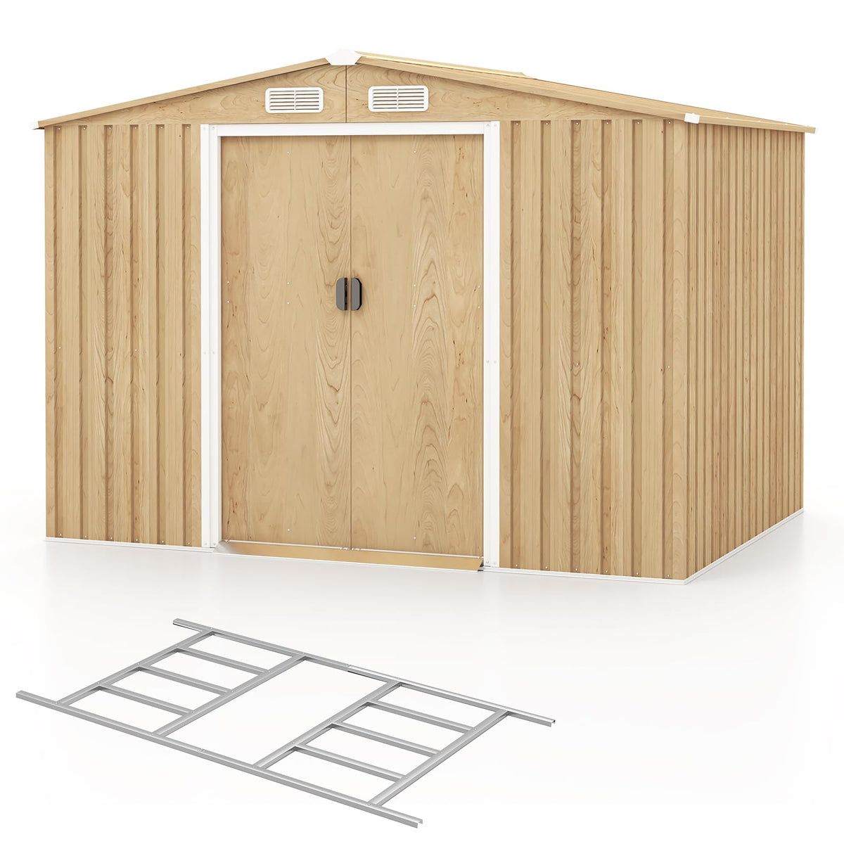 8' x 6' Metal Storage Shed �� Woodgrain Outdoor Tool House with Base Floor & 4 Vents