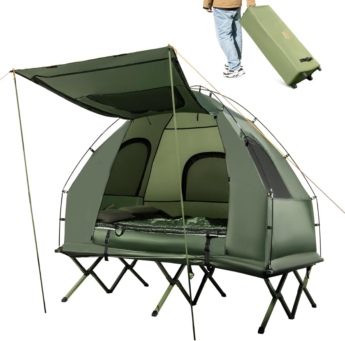 5-in-1 Camping Tent Cot with Air Mattress, Pillow, Sleeping Bag, Waterproof Elevated Folding Bed