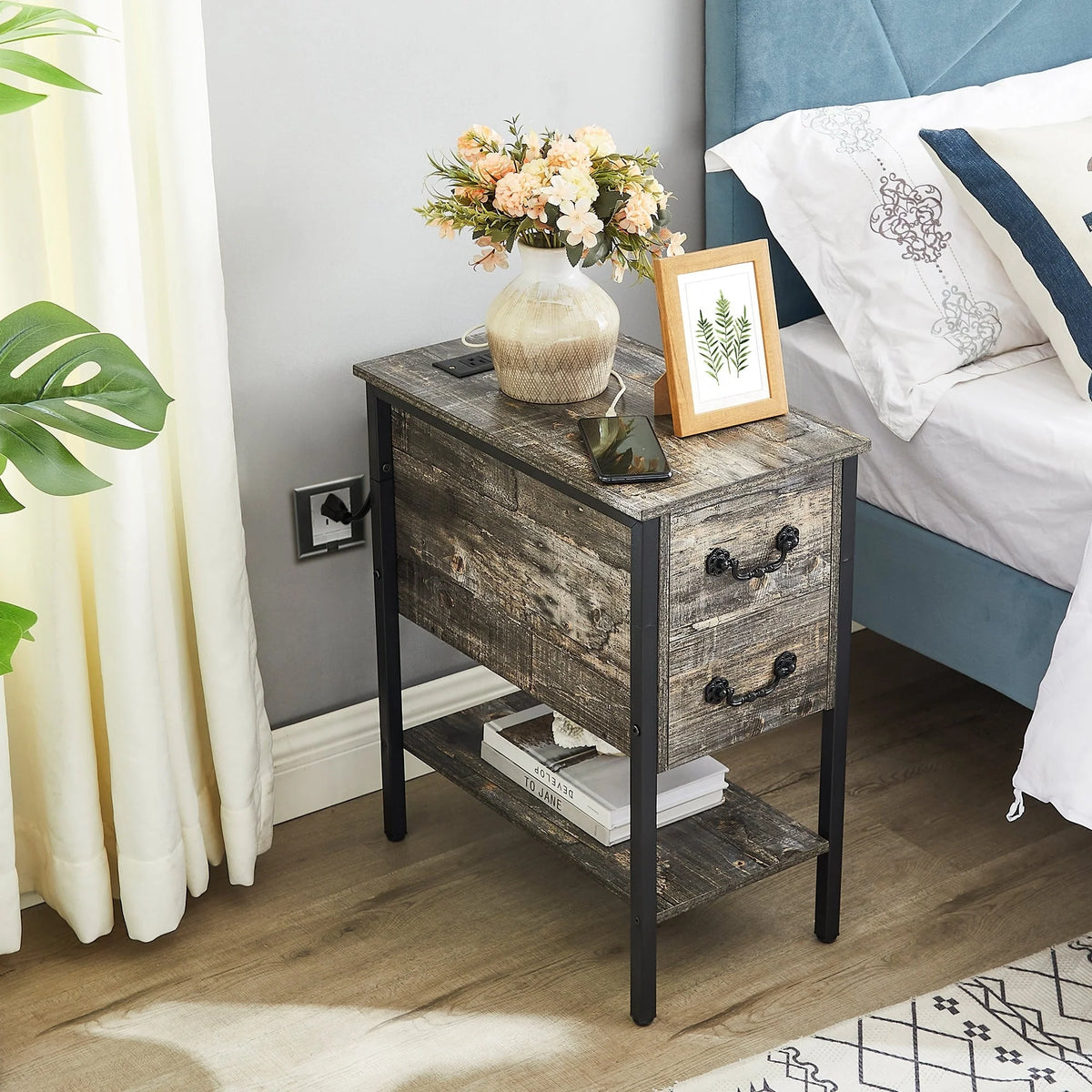 Narrow End Table with Charging Station, Chairside Table with Drawers, USB Ports and Power Outlets