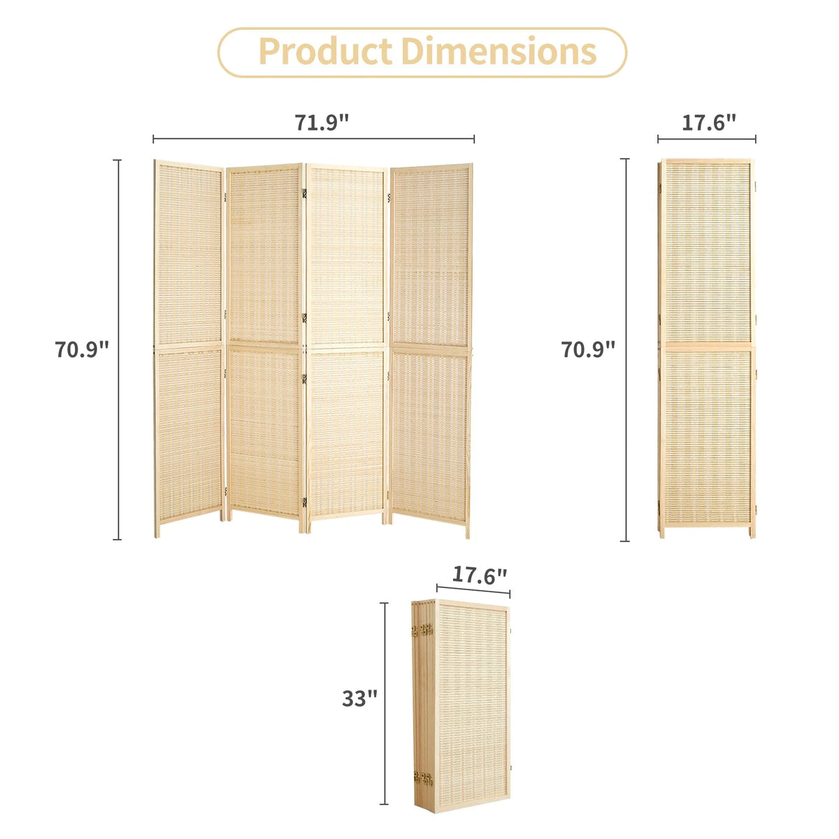 4-Panel Bamboo Folding Partition Screen 6FT Detachable Room Divider