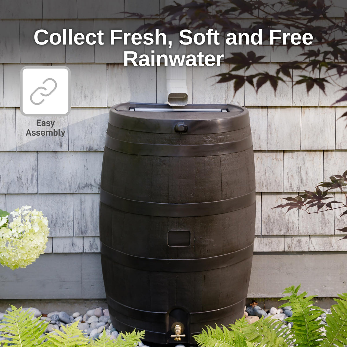 50 Gallon Rain Barrel with Brass Spigot, Large Outdoor Rainwater Collection and Storage Container for Garden