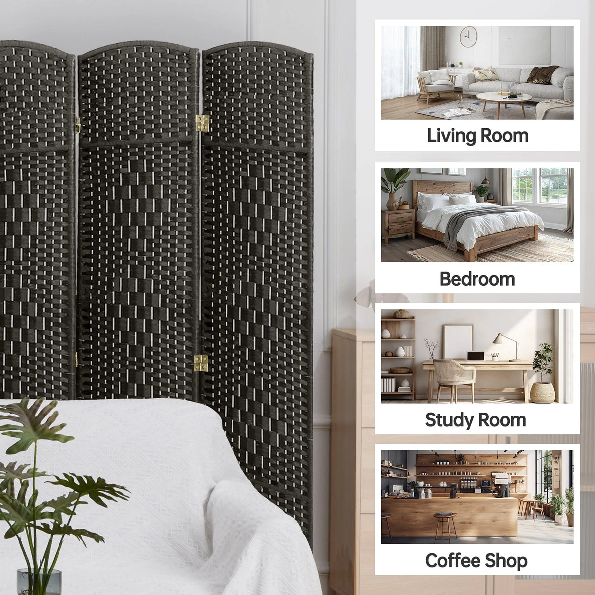 6 FT Tall Woven Fiber Room Divider, Freestanding Folding Privacy Screen