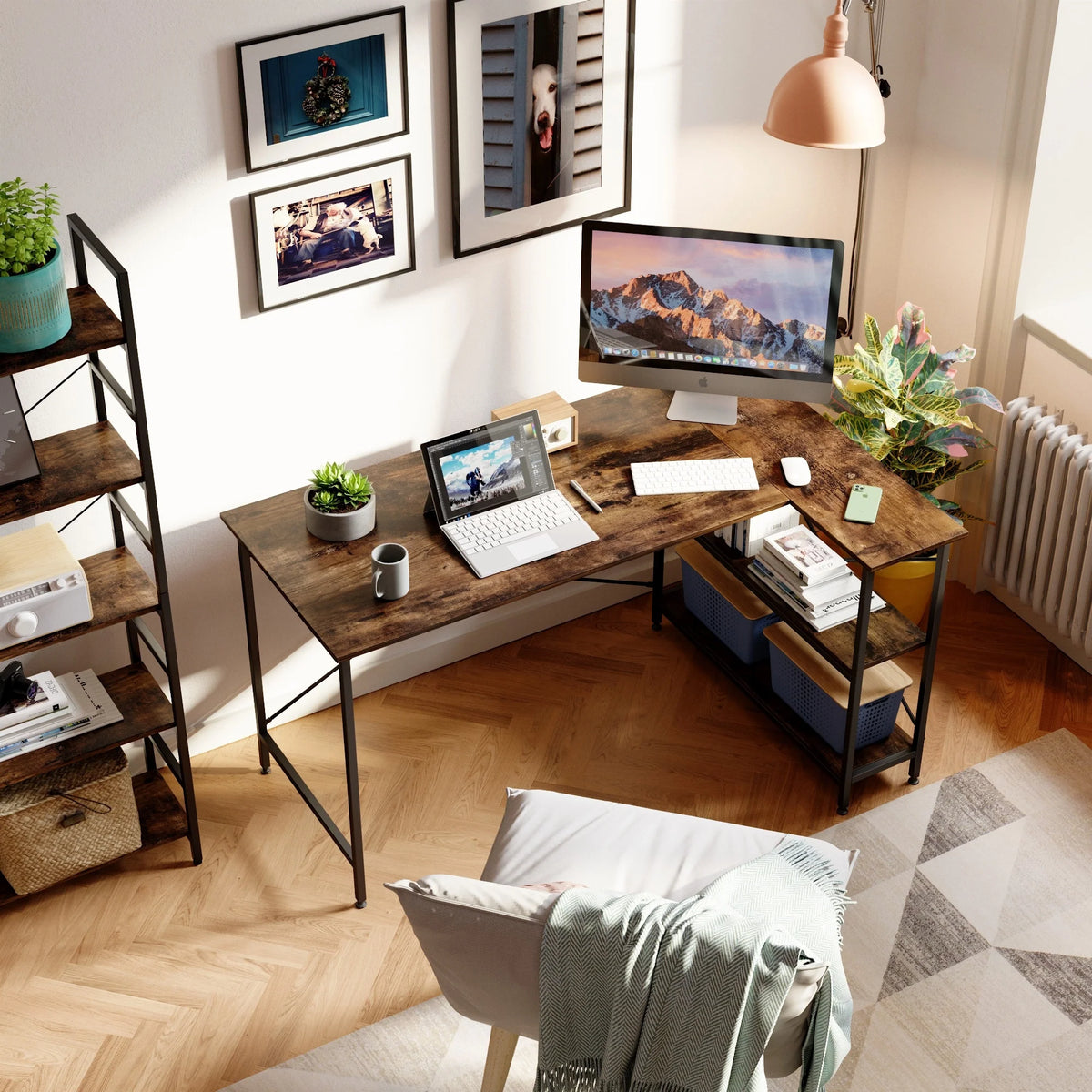 Small L Shaped Computer Desk with Storage Shelves, Compact Corner Workstation for Home Office and Study