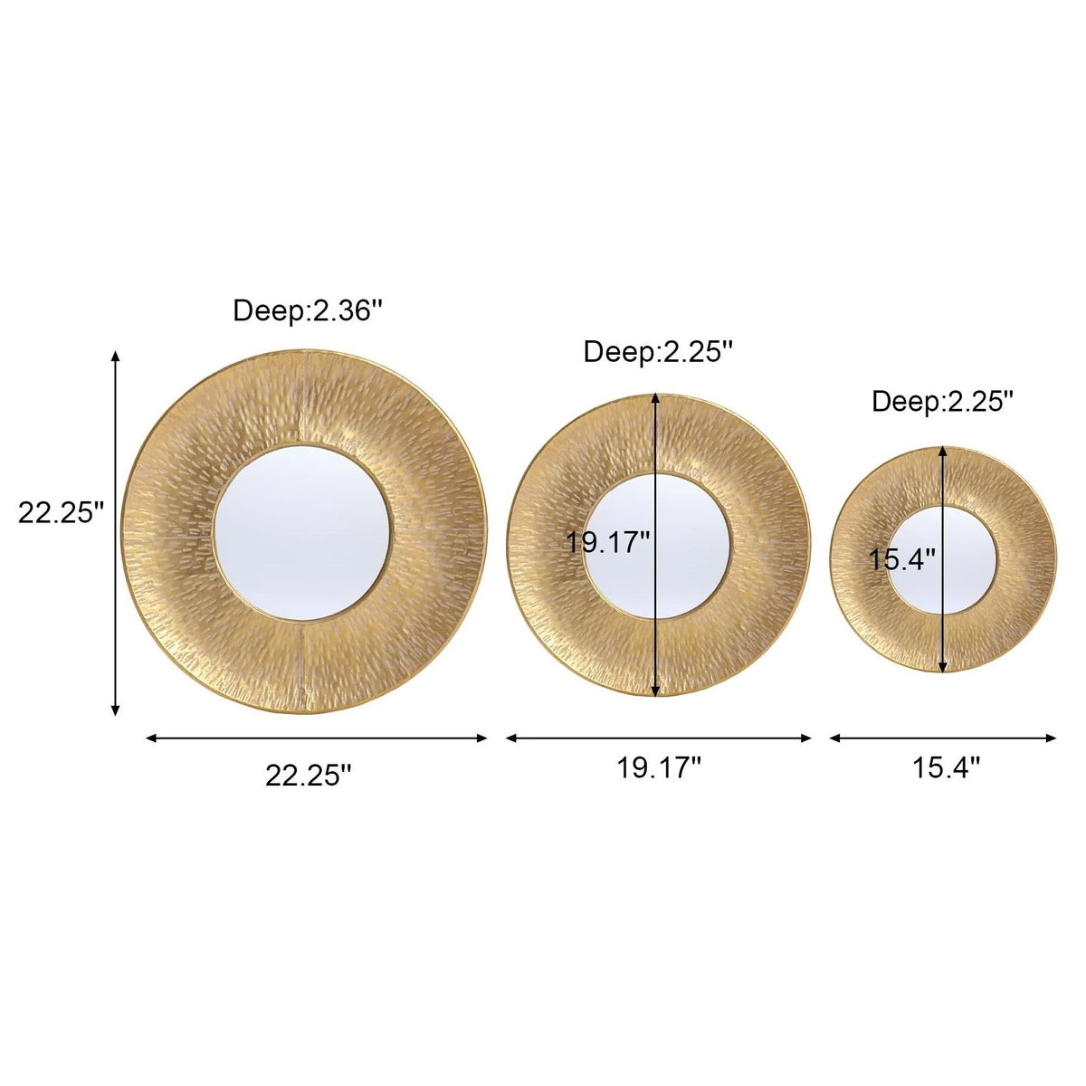 3-Piece Gold Metal Round Wall Mirror Set, 22.25" Diameter x 2.36" Deep, Decorative Wall Mirrors