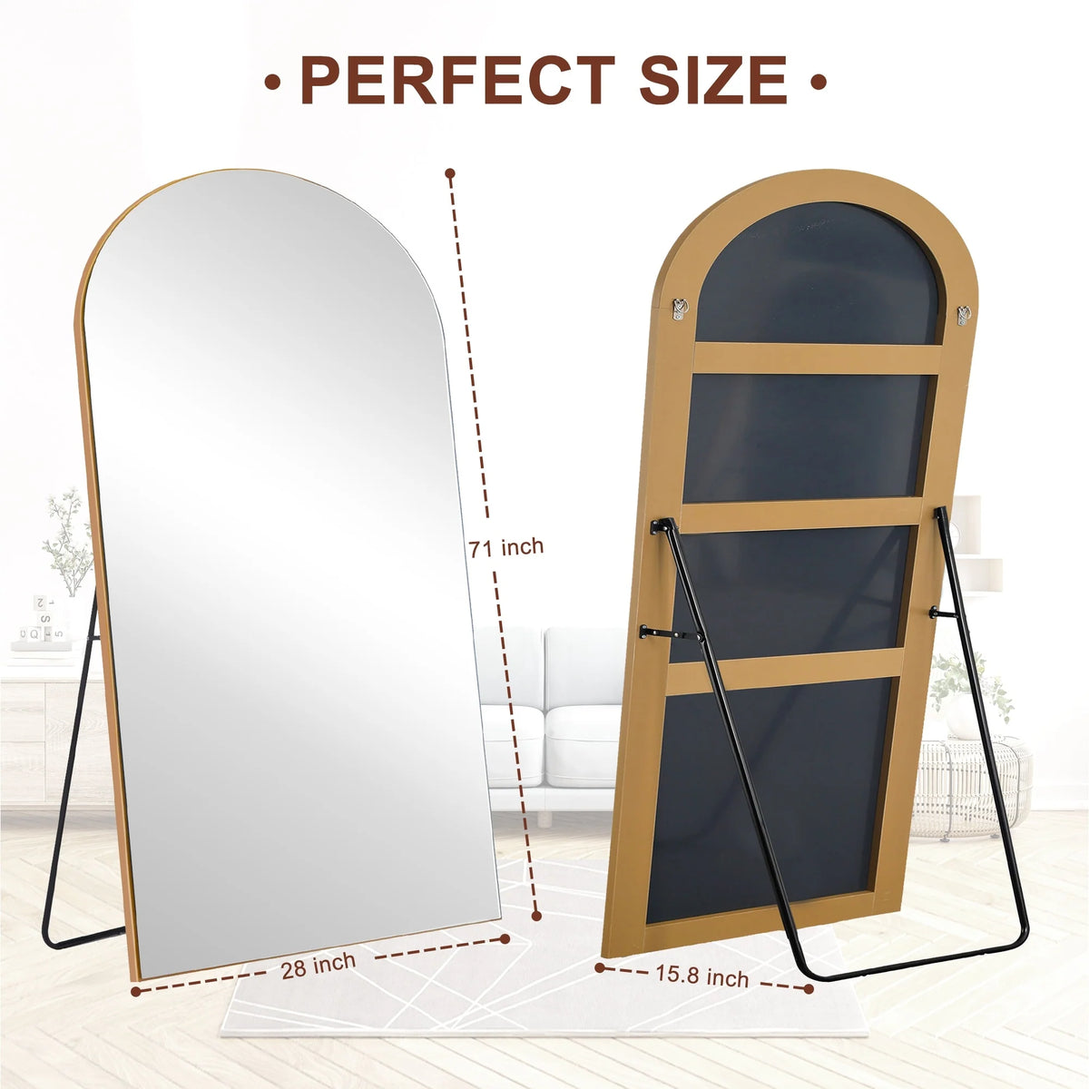 Arched Full Length Wood Floor Mirror, Full Body Standing and Wall Mounted Mirror for Bedroom, Living Room and Home Decor