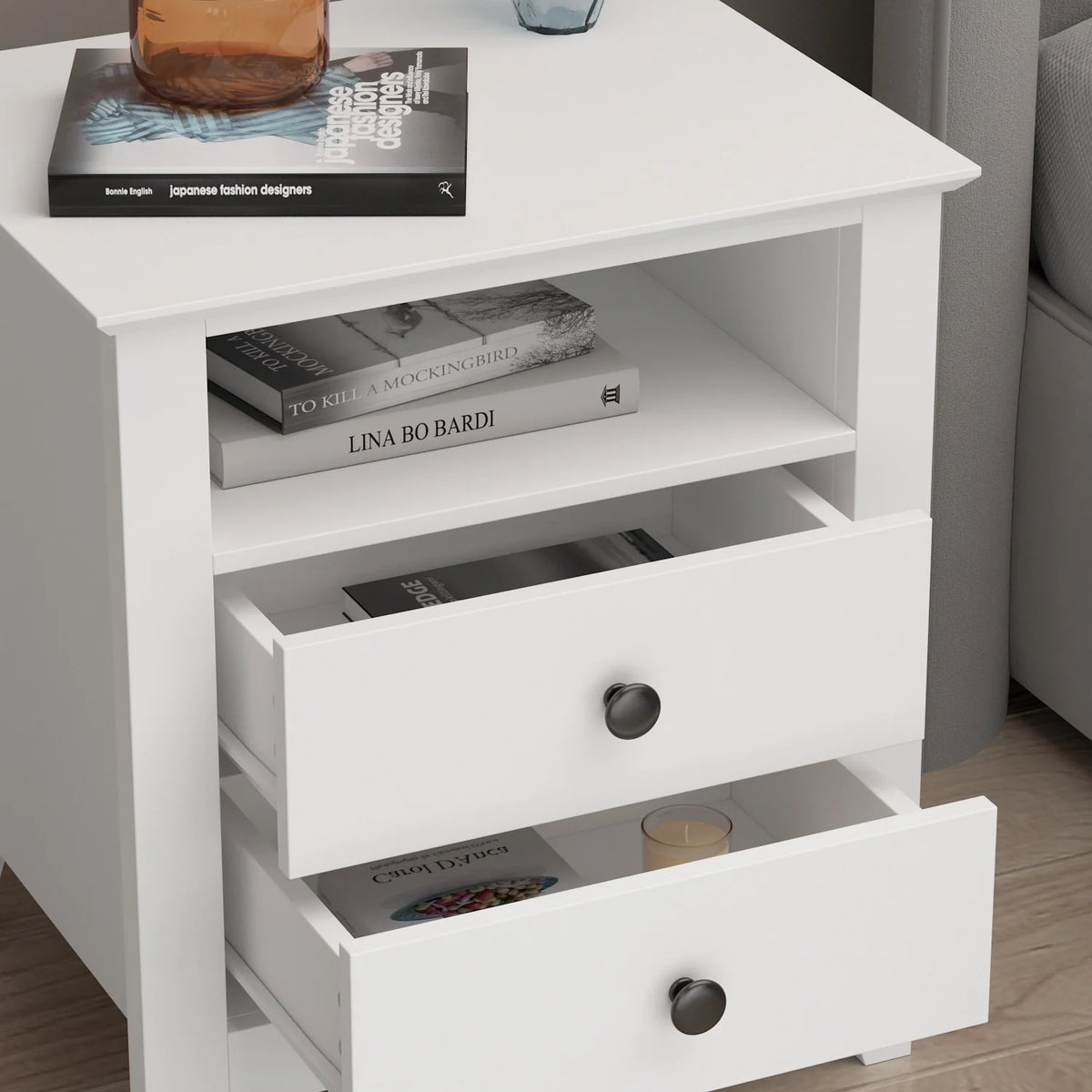 21.7 Inch Tall White Nightstand, 2 Drawers and 1 Open Shelf Bedside End Table