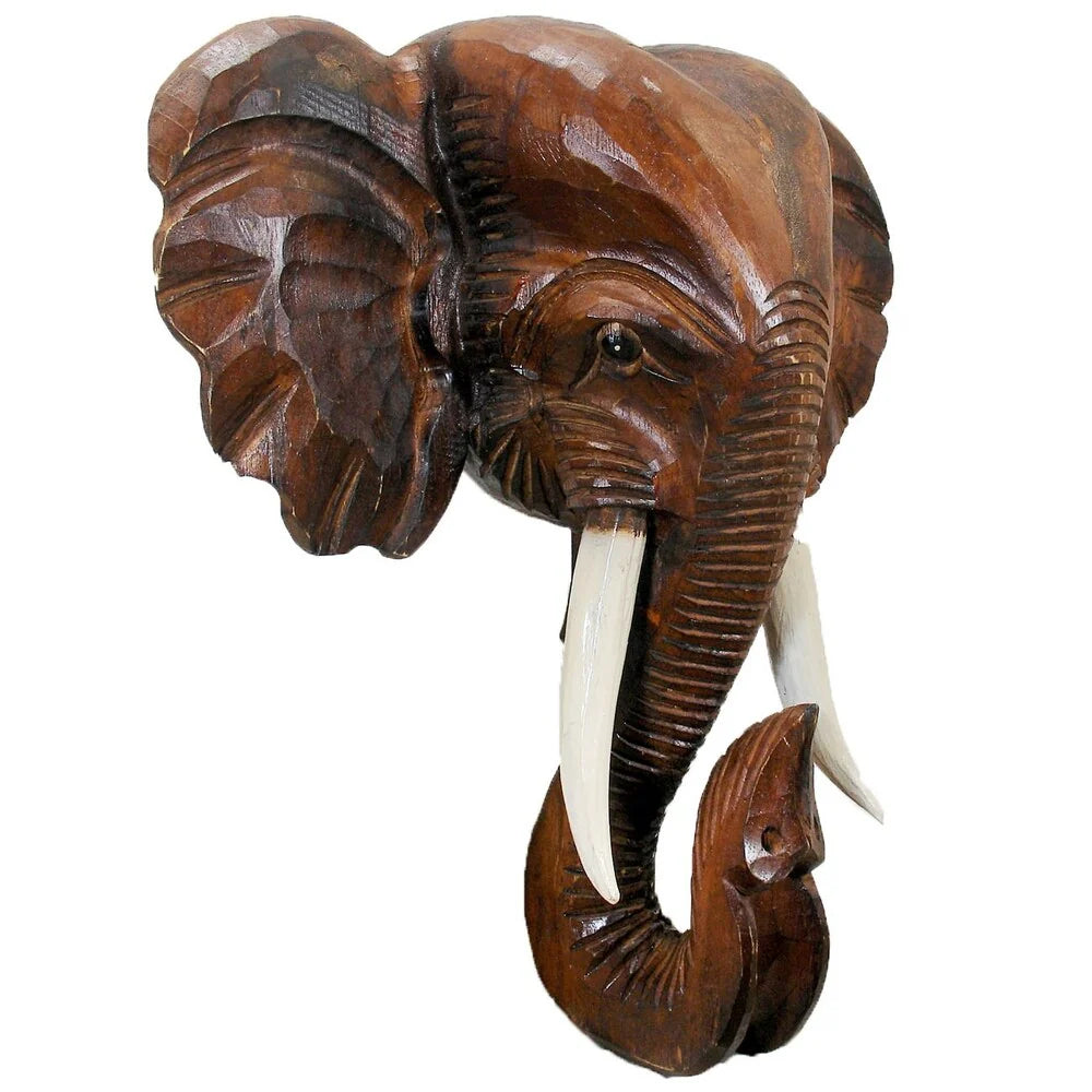 Wooden Elephant Head Wall Decor, Decorative Animal Sculpture Wall Art for Living Room, Bedroom and Home Decoration