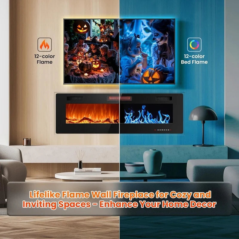 Recessed Electric Fireplace Heater, Wall Mounted 750-1500W Fireplace with Remote Control