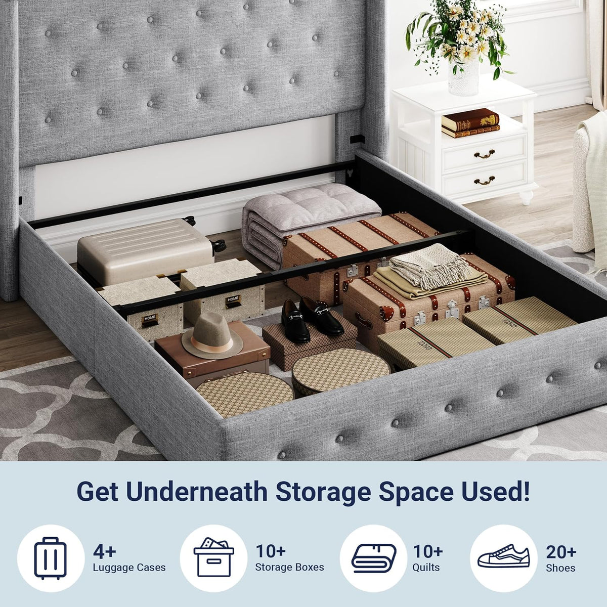 Queen Size Lift Up Storage Bed with Wingback Headboard, Upholstered Platform Bed Frame with Hidden Storage