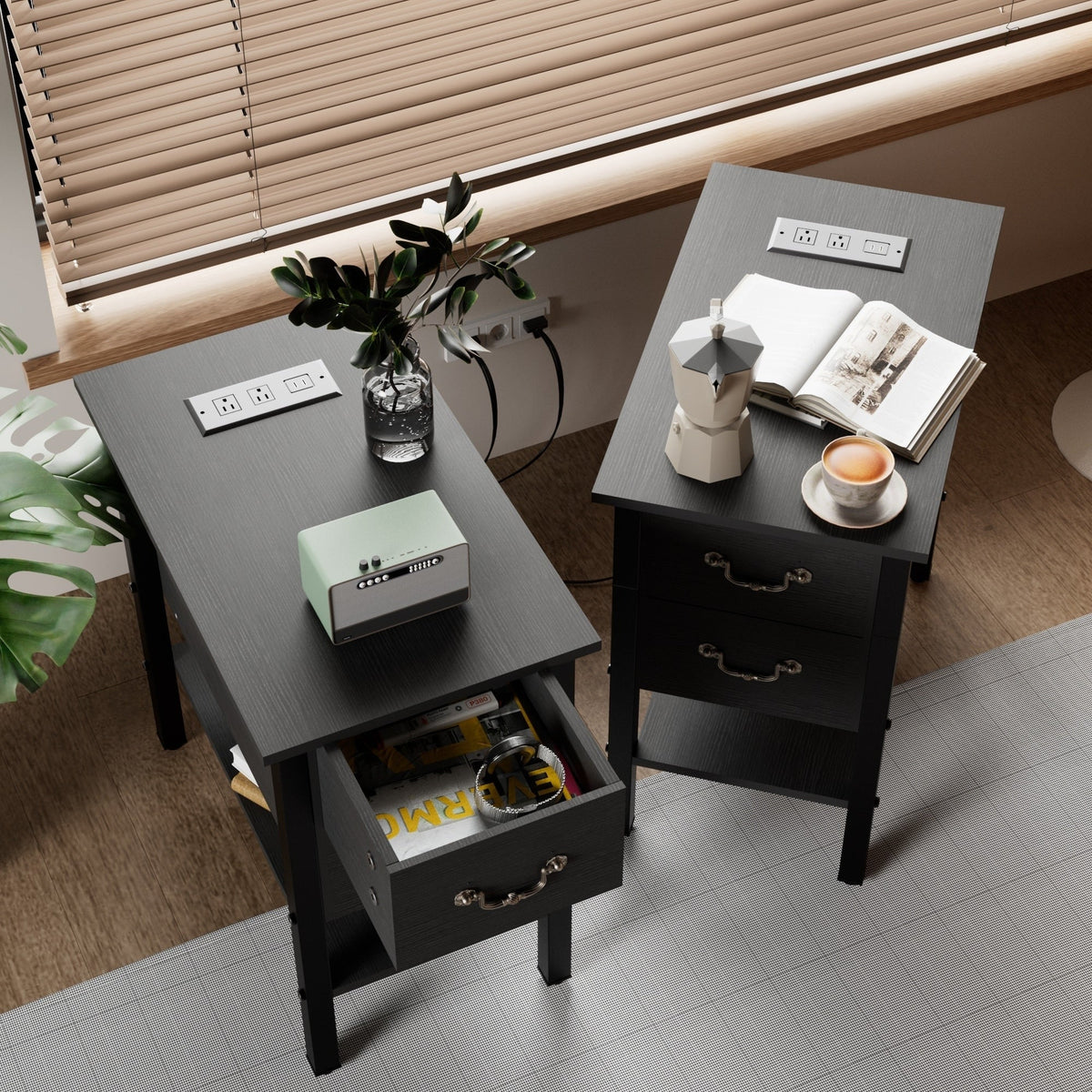Narrow End Table with Charging Station, Chairside Table with Drawers, USB Ports and Power Outlets