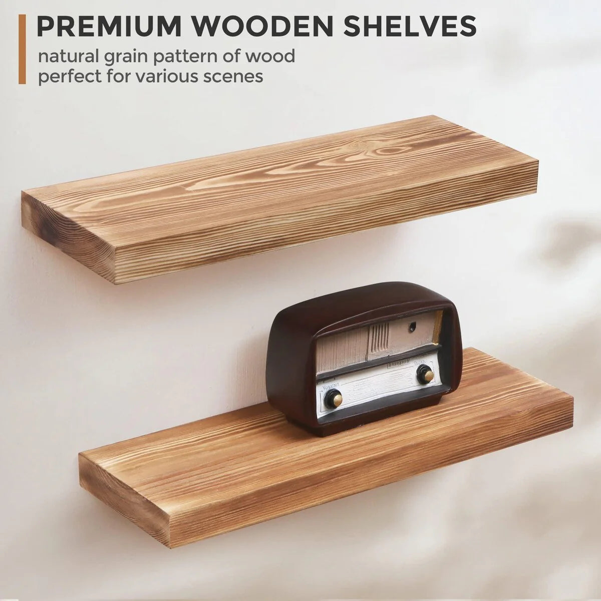 Set of 2 Handcrafted European Pine Floating Wall Shelves, Natural Rustic Wood