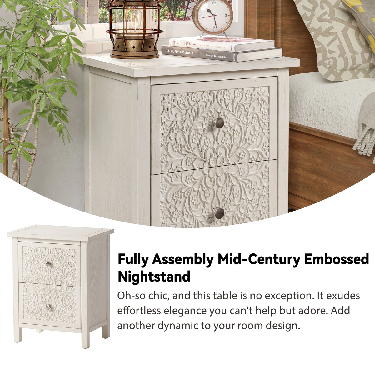 Farmhouse Fully Assembled Nightstand with 2 Drawers, Flower Motif End Table for Small Spaces