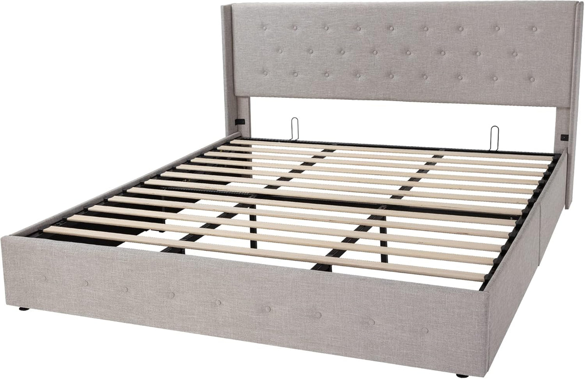 Queen Size Lift Up Storage Bed with Wingback Headboard, Upholstered Platform Bed Frame with Hidden Storage
