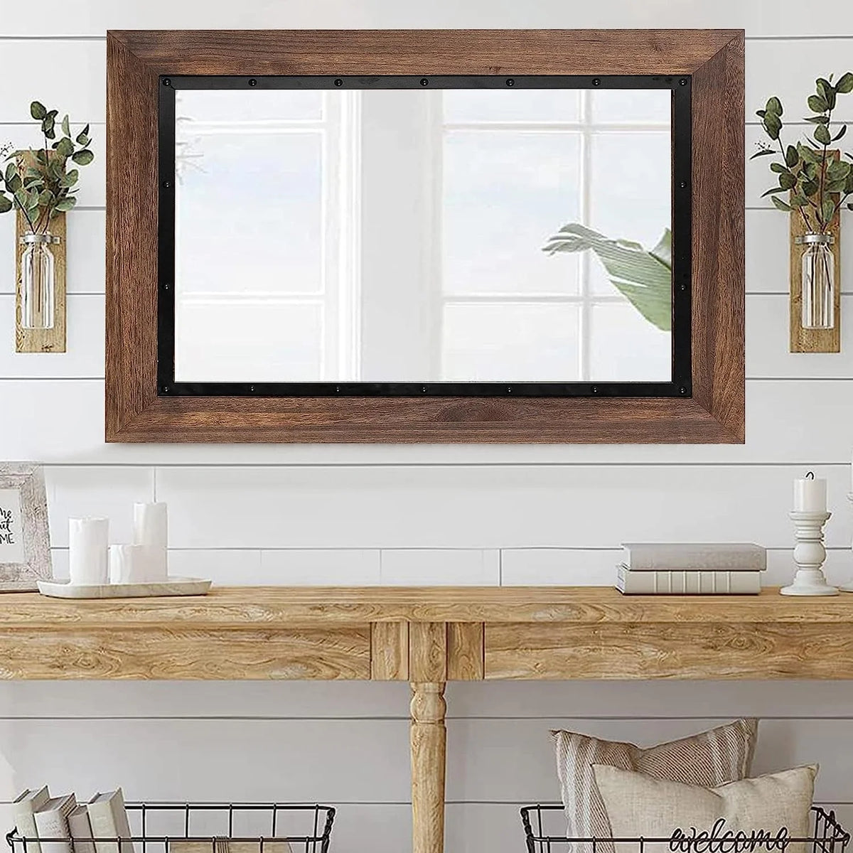 Rustic Wood and Iron Framed Bathroom Vanity Mirror, Wall Mounted Farmhouse Mirror for Bathroom and Bedroom