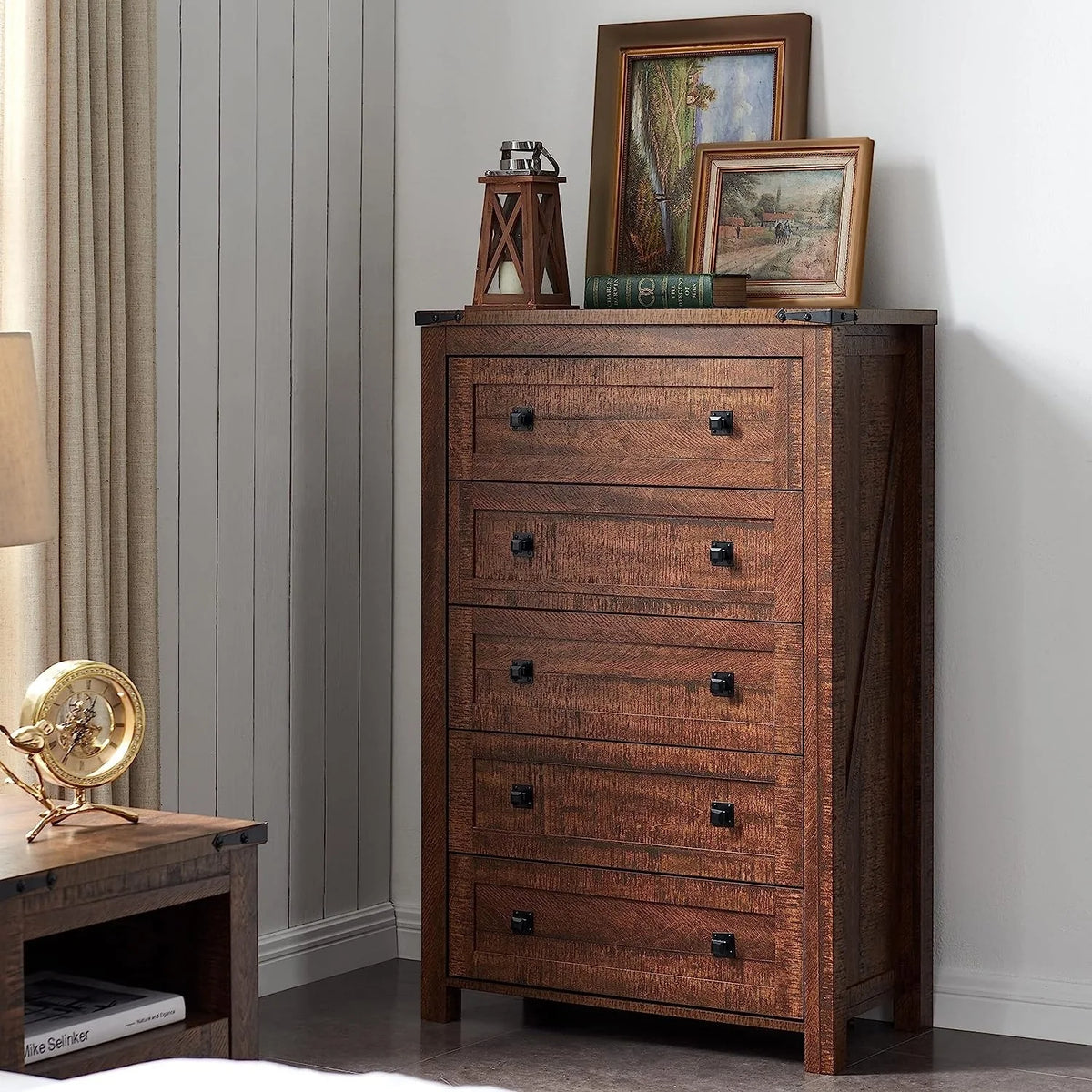 48 Inch Tall Farmhouse Wood Dresser, 5 Drawer Chest of Drawers for Bedroom
