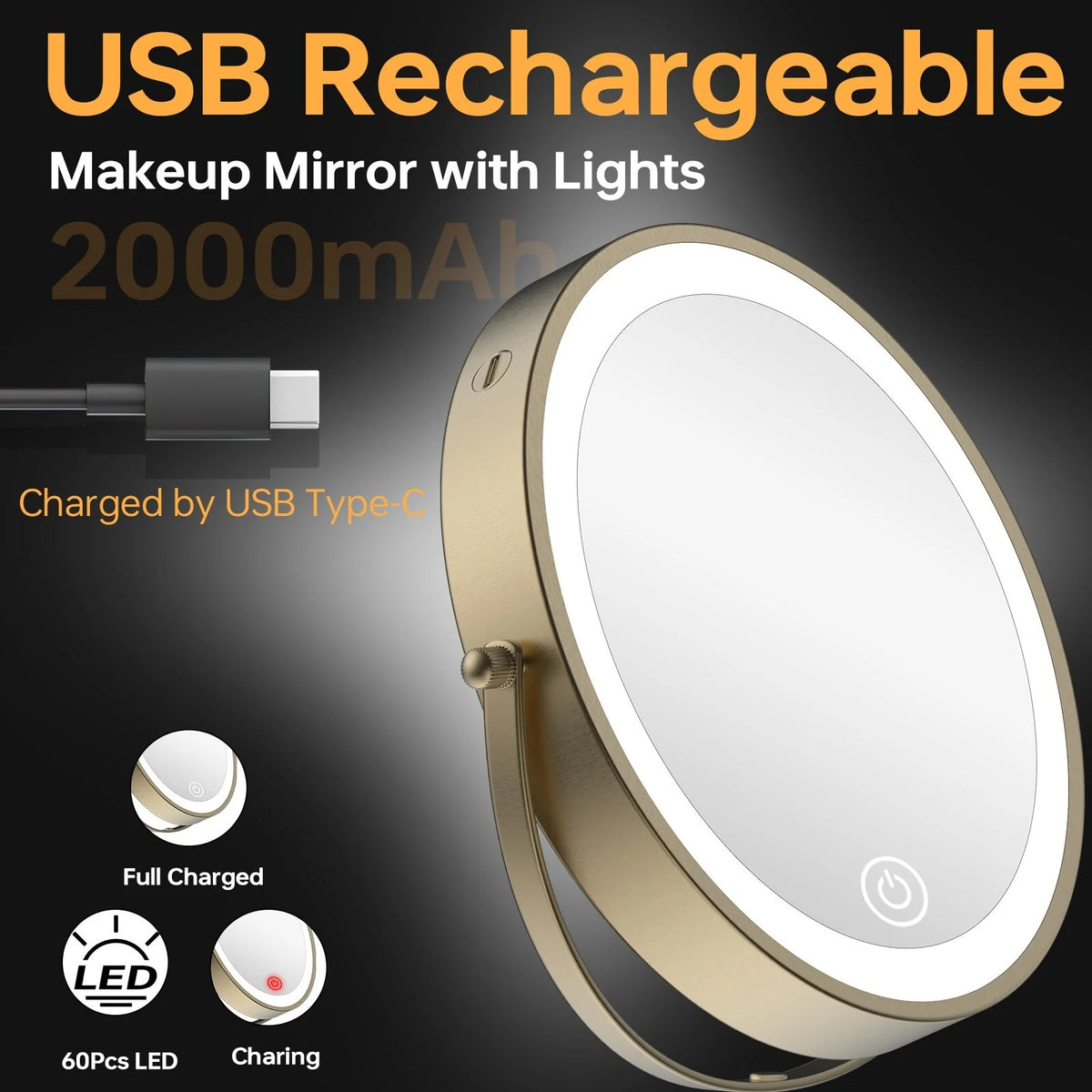 8 Inch Round Wall Mounted Makeup Mirror, Rechargeable, 1X/10X Magnification, 3-Color LED Lights